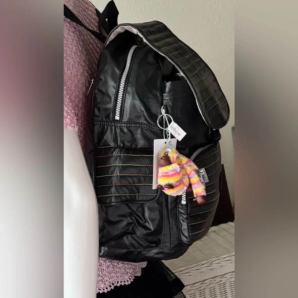 Kipling Rainbow Stitch Ravier DayPack Backpack in Black Style  BP4154 LQR NWT